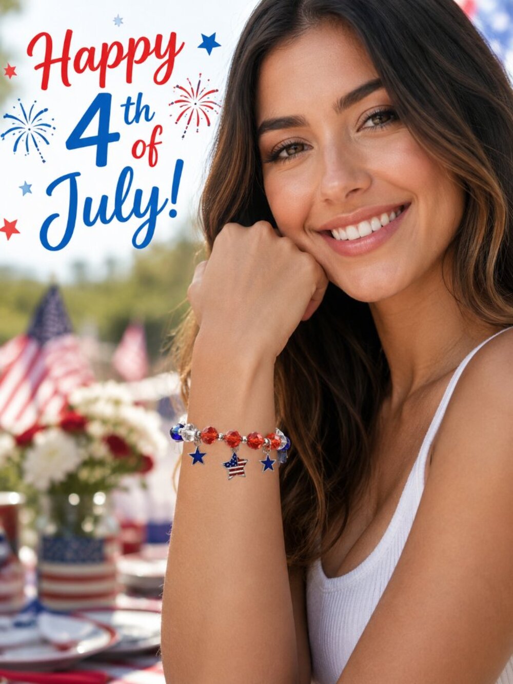 Patriotic Red White Blue Beaded Bracelet USA Flag Charms